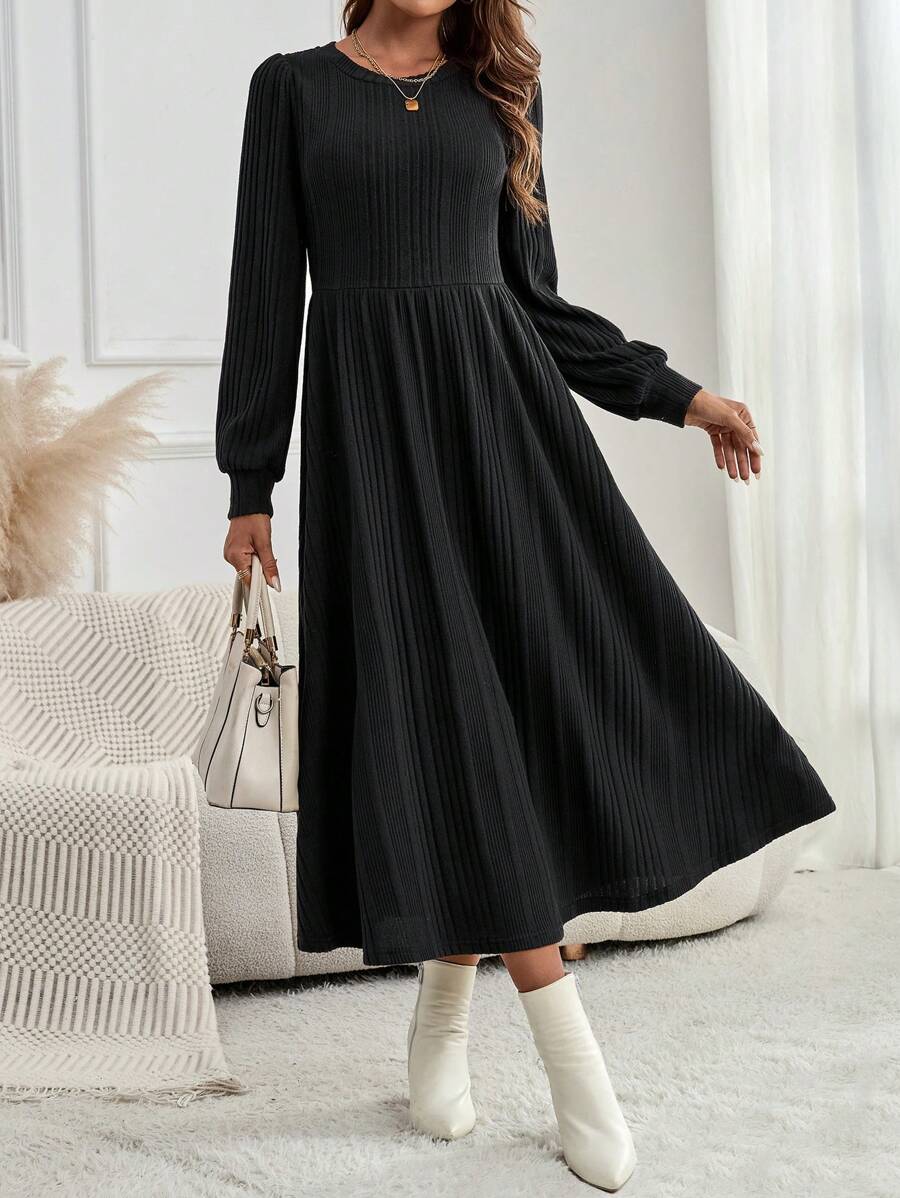 EMERY ROSE Women Spring & Summer Fall Solid Color Round Neck Long Sleeve Rib Casual Midi Winter Autumn Dress