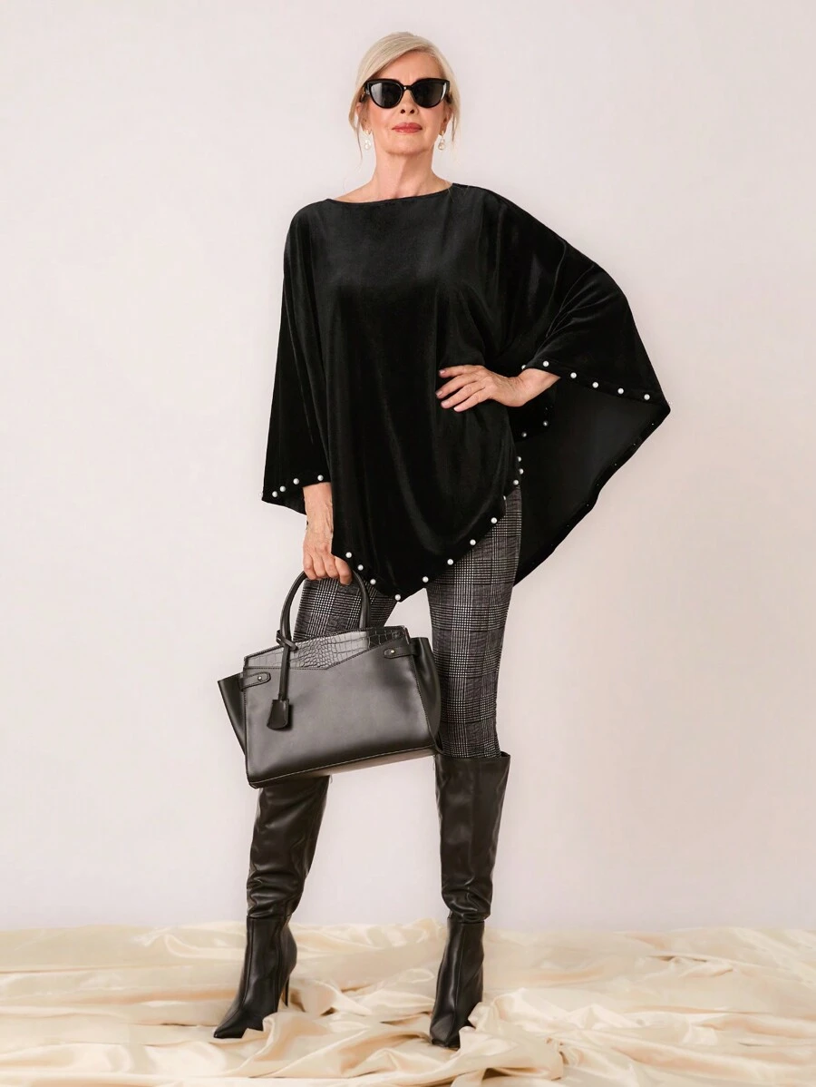 Miaspire Women's Oversized Crew Neck Batwing Sleeve Faux Pearl Decor Casual Blouse, Spring And Summer