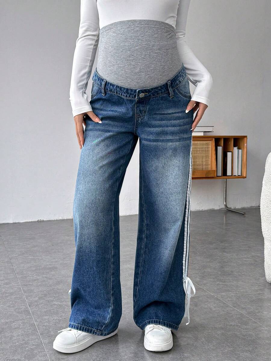 SHEIN Jeans droits décontractés amples pour femmes enceintes avec nœud à la taille