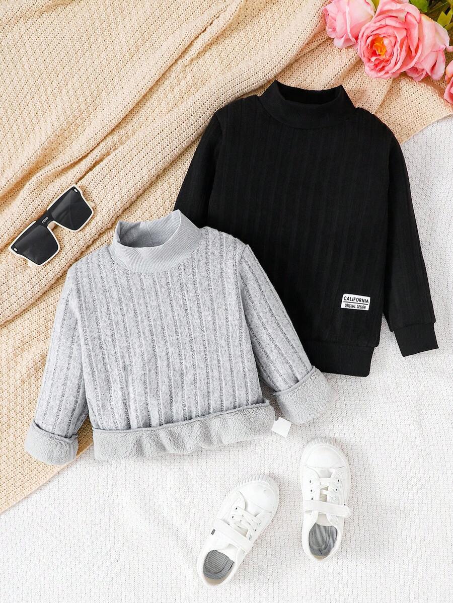 SHEIN 2pcs/Set Young Boys Classic Black And Gray Thermal Lined Outfit, Soft Knit Fabric, Windproof And Warm For Casual Daily Wear, Suitable For Autumn And Winter