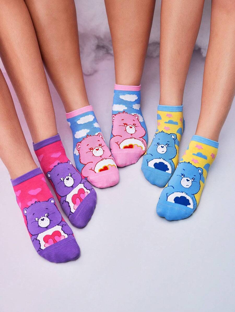 SHEIN X Care Bears 3 pares/Paquete de calcetines de tobillo para mujer con patrón de oso de dibujos animados y color contrastante, regalos