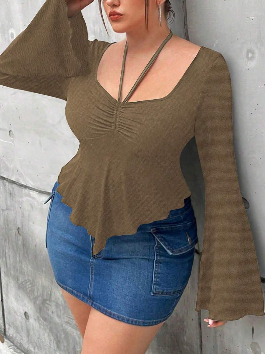 SHEIN MOOSTA Plus Size Solid Color Ruched Neck Long Sleeve Casual Lace Trim T-Shirt