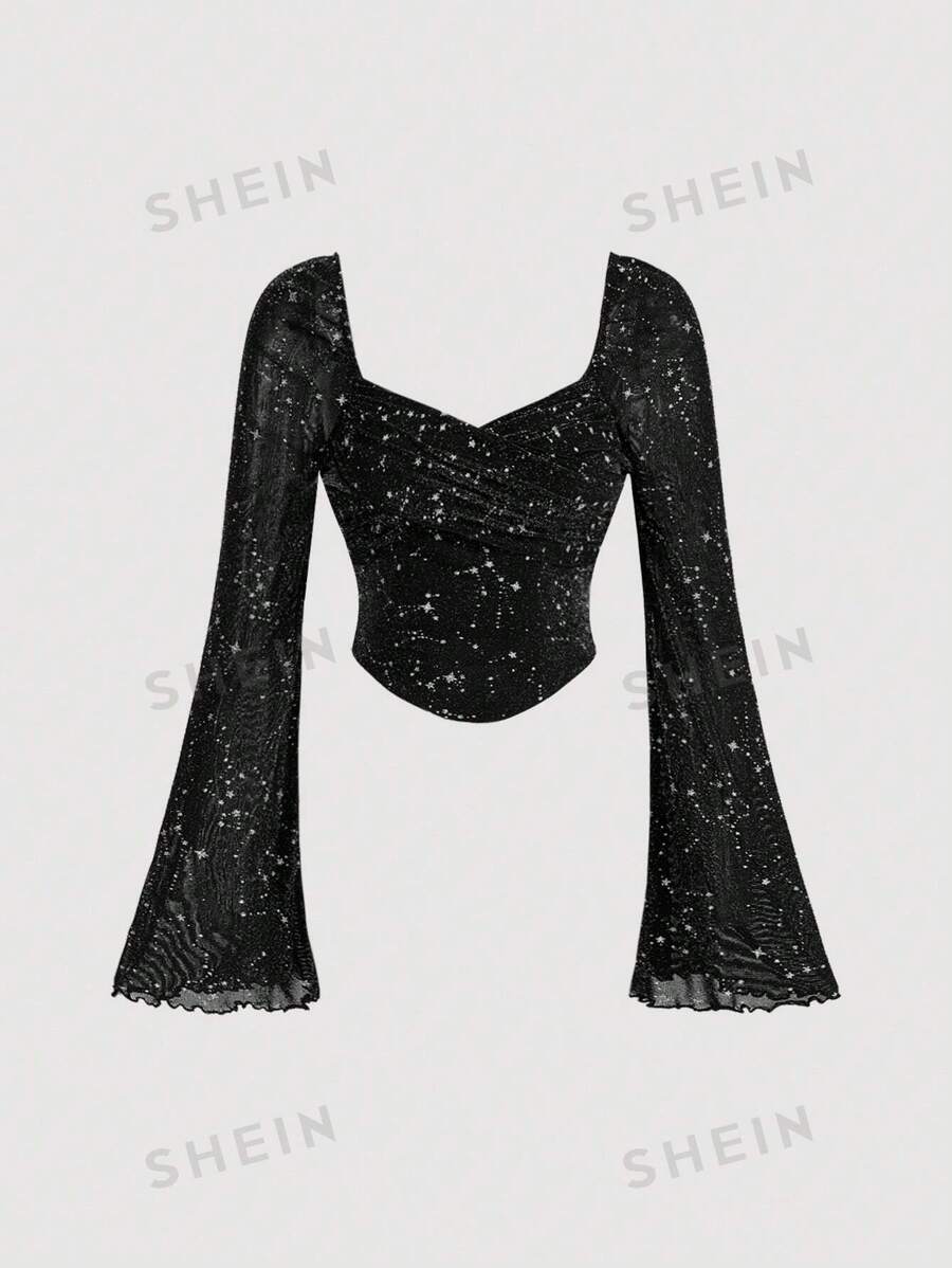 SHEIN MOD Camiseta de mujer de manga de campana con decoración de estrellas en negro y plateado, camiseta gótica, conjunto de mujer, top de manga larga de malla, camiseta de bruja/vampiro, conjunto de mujer para otoño, ropa hippie, conjunto de vaquera para mujer