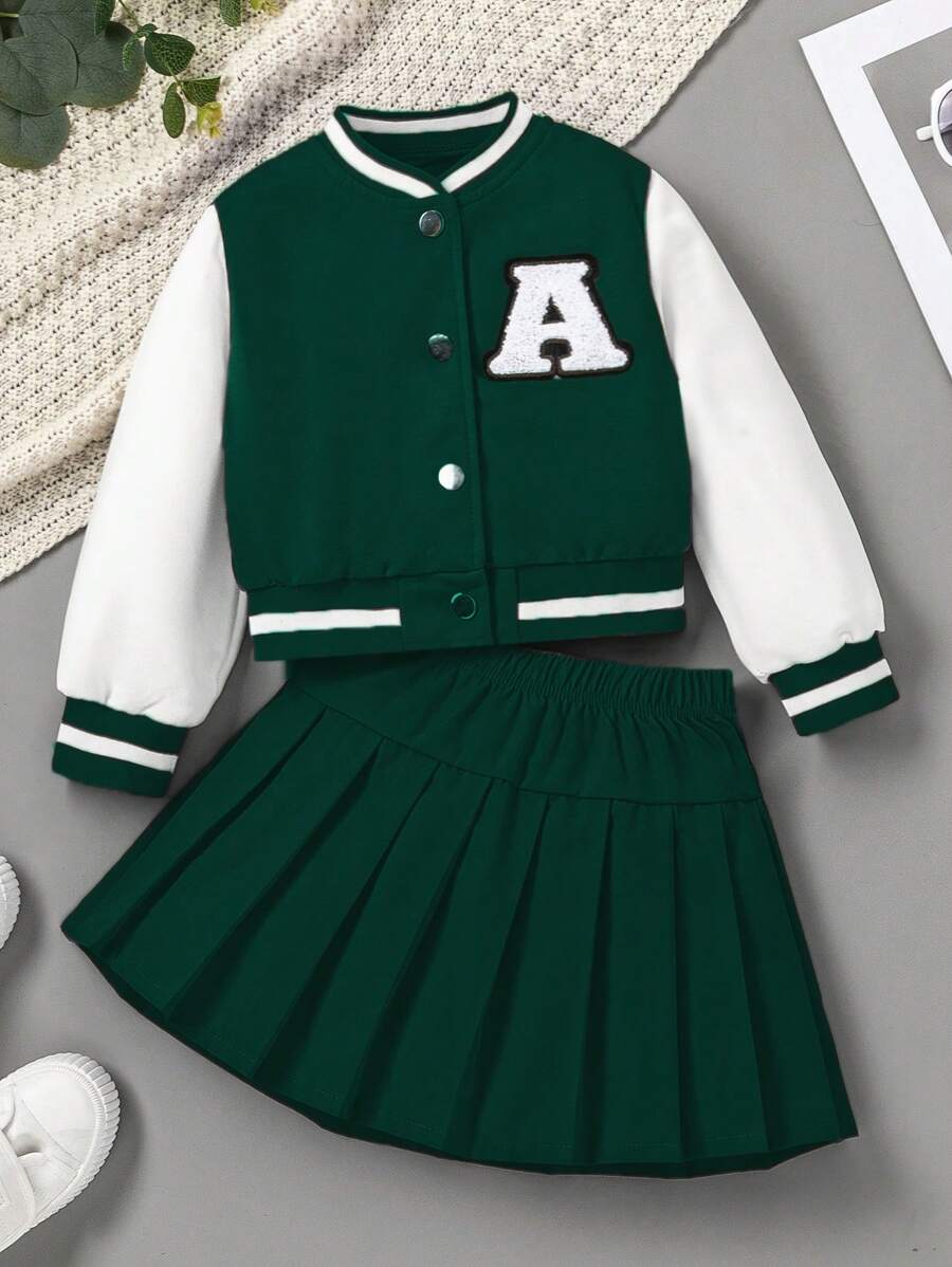 SHEIN 2pcs/Set Young Girls Fashion Casual Color Block Embroidered Patch Baseball Jacket & Ruched Skirt