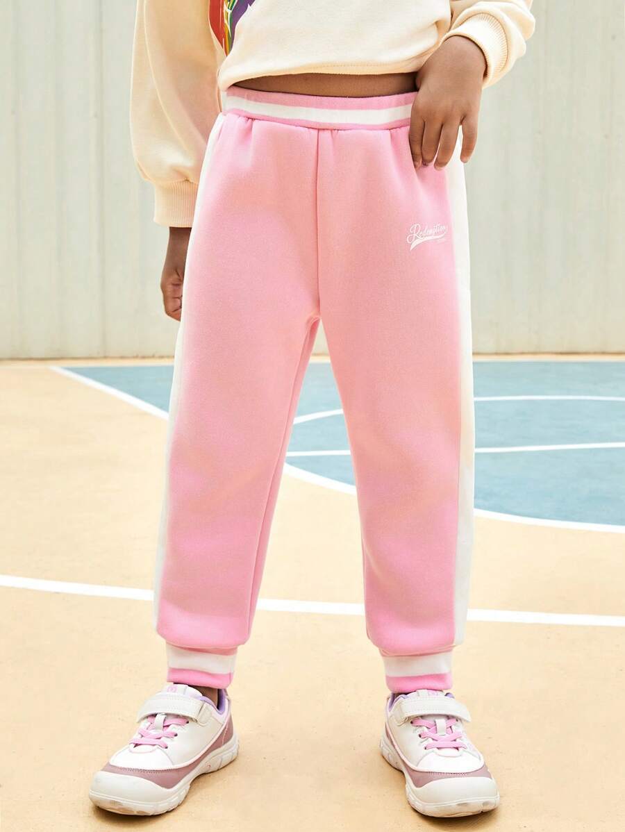 SHEIN Pantalon de sport long rayé vintage avec imprimé lettre et taille côtelée contrastée pour jeune fille, automne et hiver