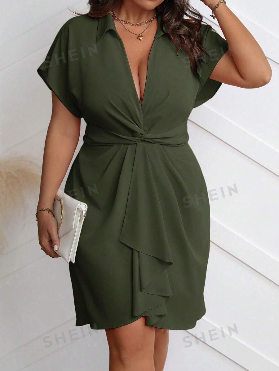 Franclia Vestido casual de mujer de talla grande con mangas de murciélago, cuello sólido y nudo en la cintura