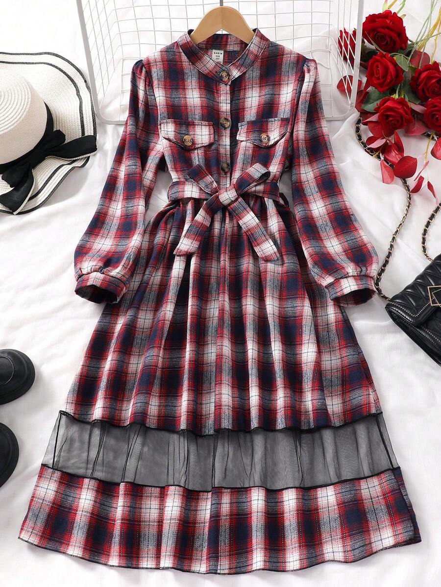 Robe à manches longues avec contraste de carreaux et de maillage pour pre-adolescentes