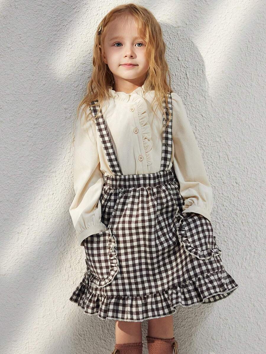 Blossori Young Girls' Elegant French Black & White Plaid Loose Bib Dress, Autumn/Winter