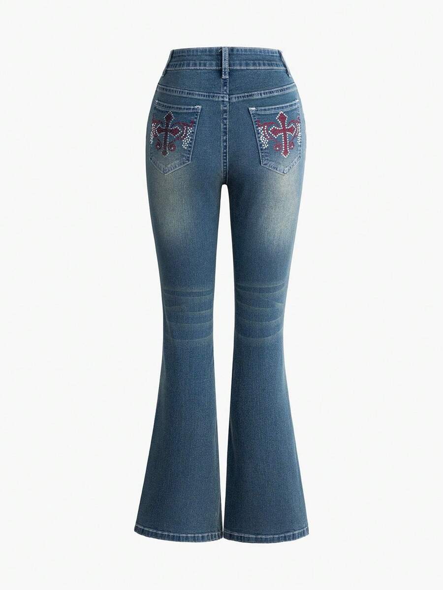 SHEIN Adolescente menina cruz strass flare casual versátil jeans