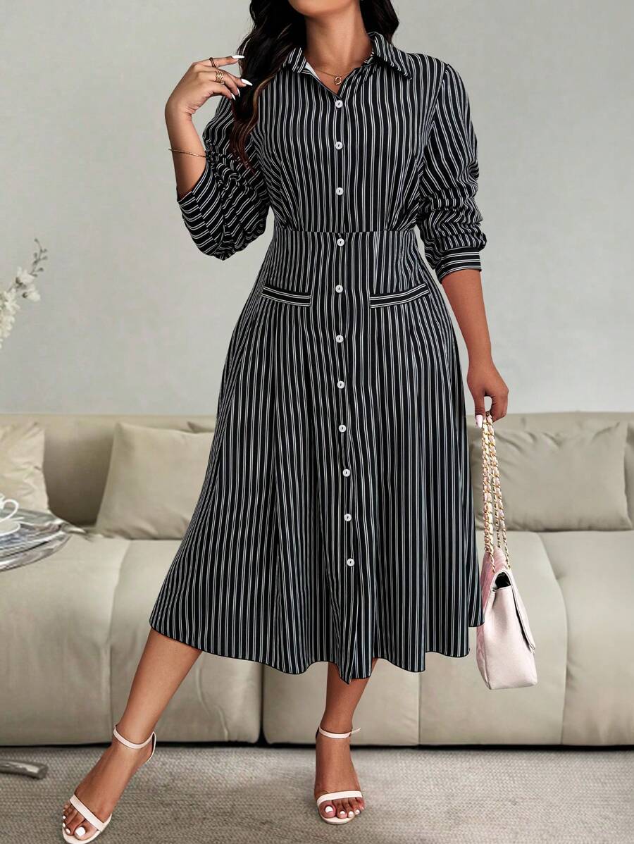 SHEIN Clasi Plus Size Women's Spring/Summer Striped Long Sleeve Single-Breasted Casual Shirt Dress