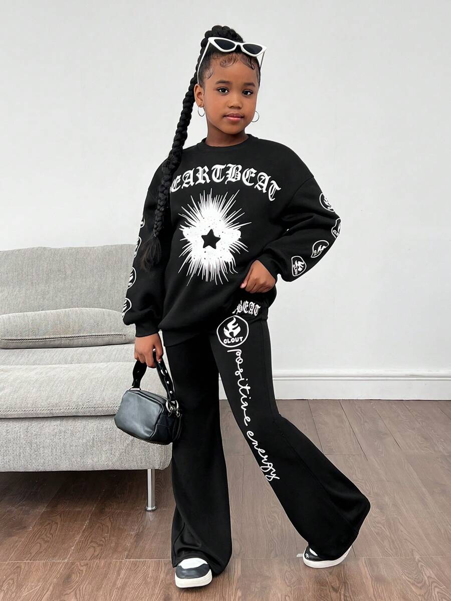 SHEIN Tween Girls Gothic Style Star & Text Graphic Print Thermal Lined Oversized Sweatshirt And Flare Pants Set