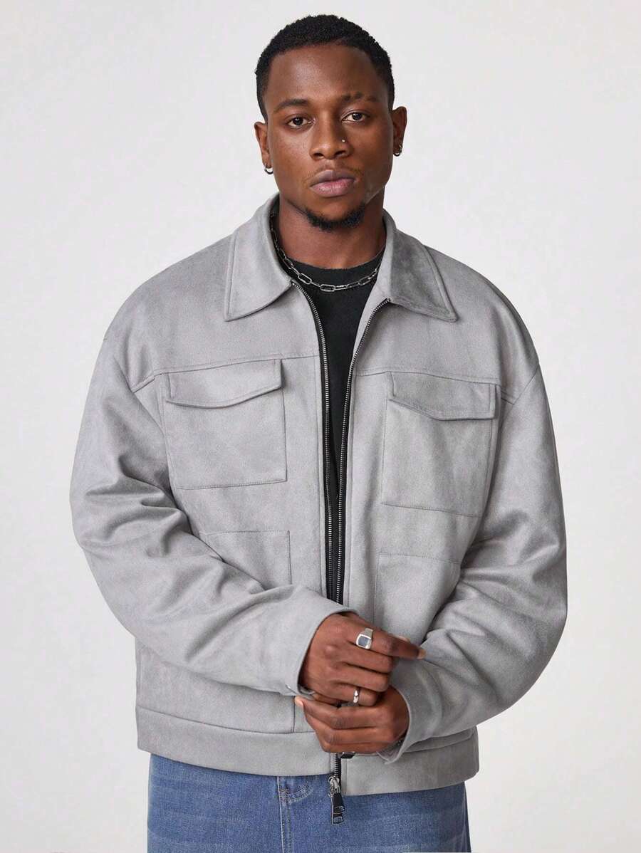 Manfinity VCAY Veste-chemise à manches longues minimaliste de couleur unie pour usage quotidien avec col, veste de travail cargo de base gris clair, pour les amis, le mari, le petit ami