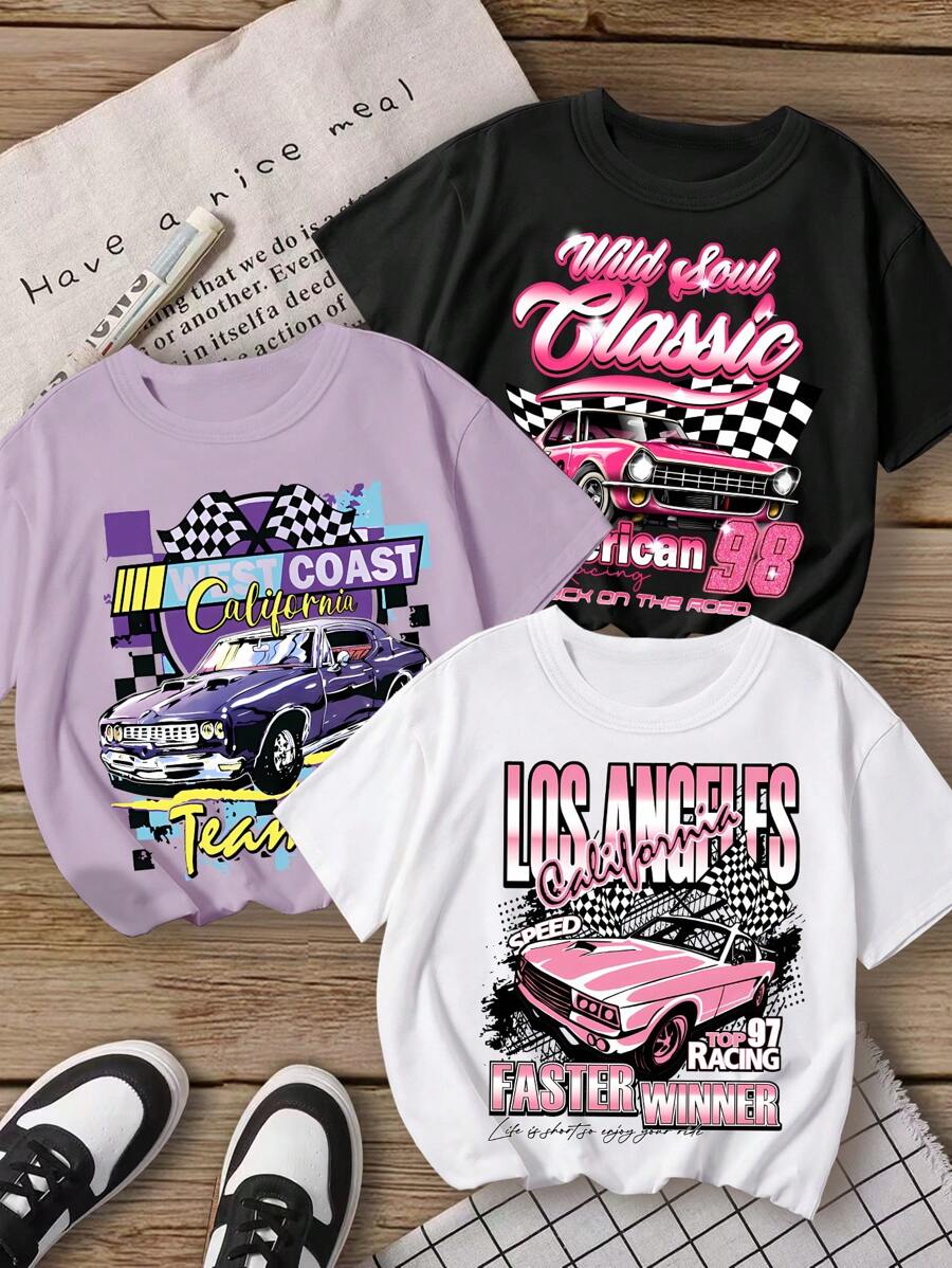 3 stuks/verpakking meisjes raceauto's print ronde hals gebreide T-shirts, comfortabel en veelzijdig