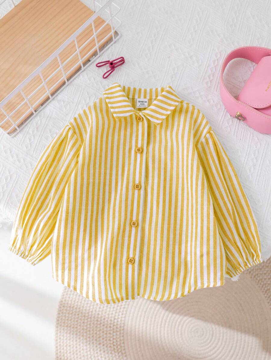 SHEIN LMoss Kids Chemise à manches longues rayée, mignonne et polyvalente pour bébé fille, pour l'extérieur et les vacances