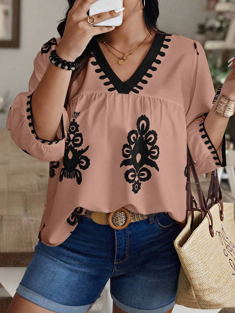 Breezaya Willekeurige bloemenprint plus size dames casual V-hals 3/4 mouw losse blouse