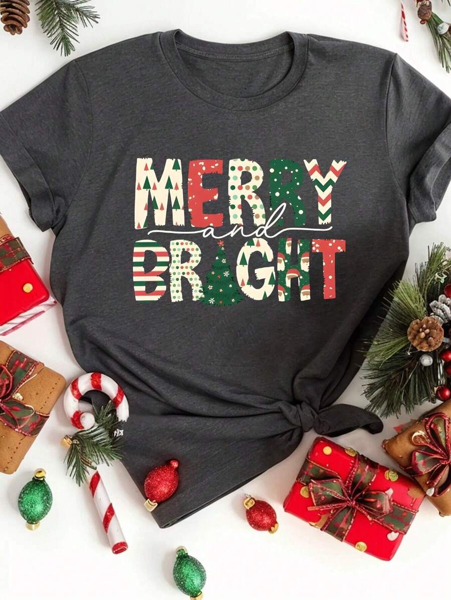 Calvaya Plus-Size Wesołych Świąt T-shirt z krótkim rękawem, Casualowa koszulka z krótkim rękawem i okrągłym dekoltem, Damskie ubrania plus-size Koszulki graficzne Damskie topy