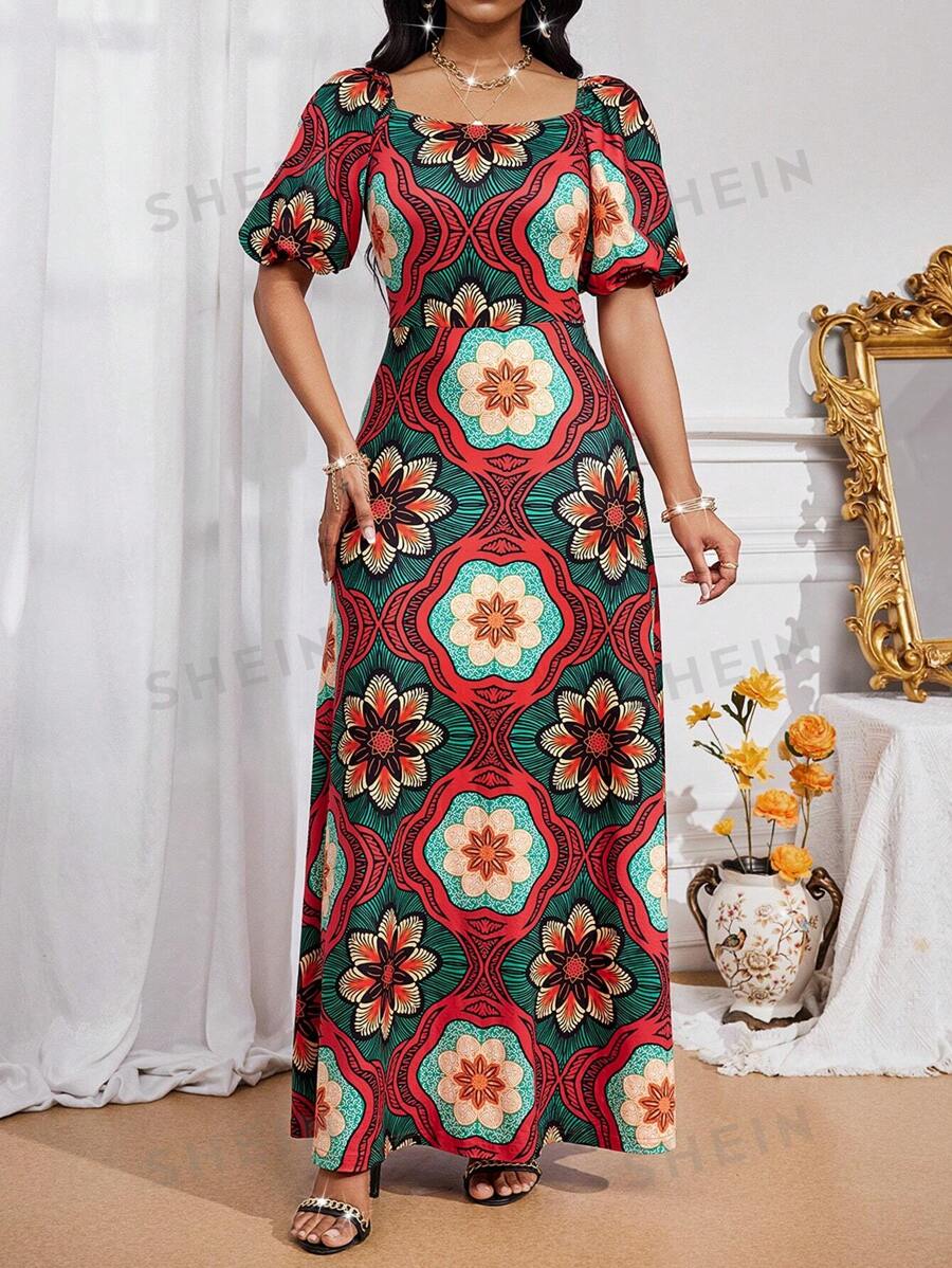 SHEIN Lady Vestidos elegantes y casuales de otoño e invierno para vacaciones, con mangas de obispo, hombros descubiertos y coloridos para mujeres