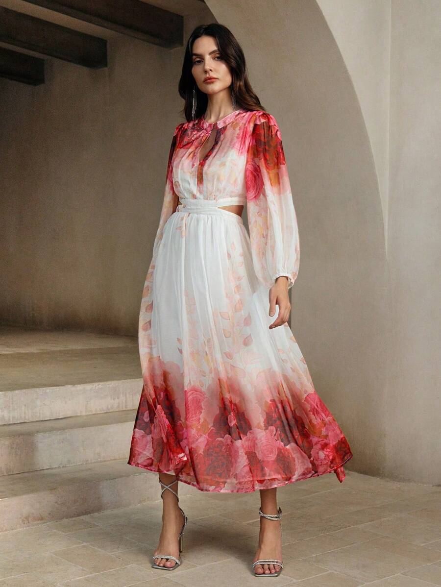 Anewsta Vestido francés elegante con mangas de linterna de manga larga, cintura media y diseño impreso de efecto ahuecado