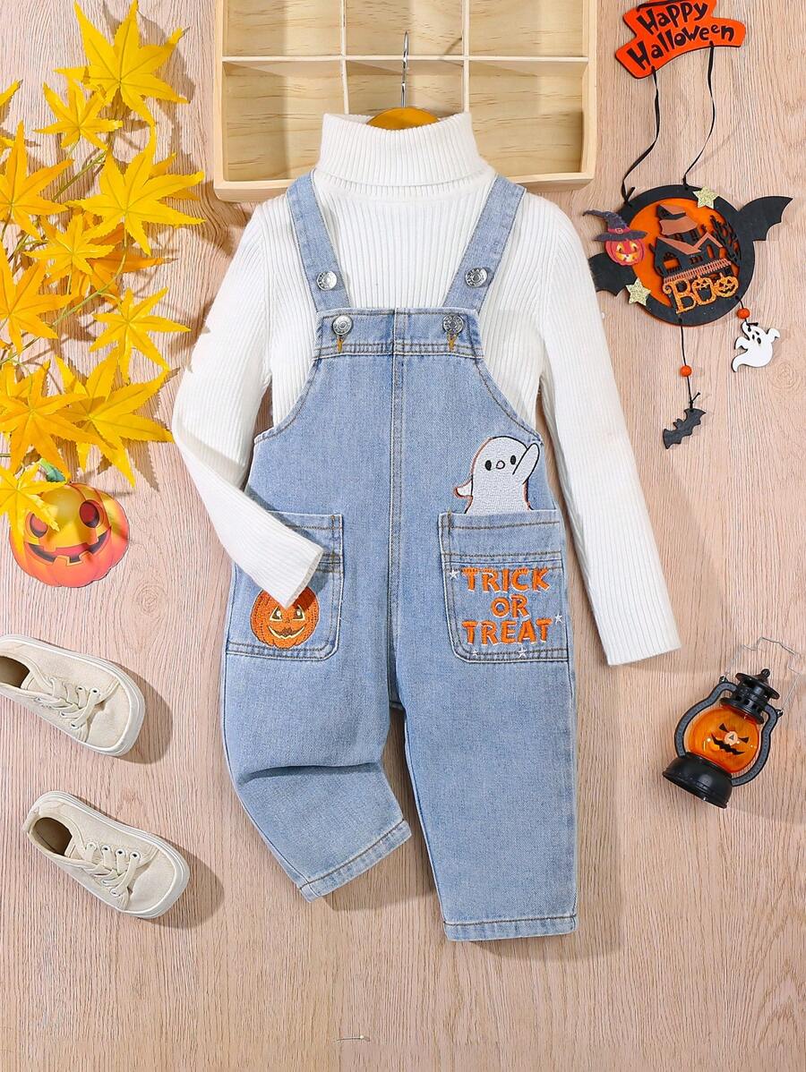 Kleinkind Lässig & Niedlich Halloween Kürbis Stickerei Gewascheney Denim Latzhose