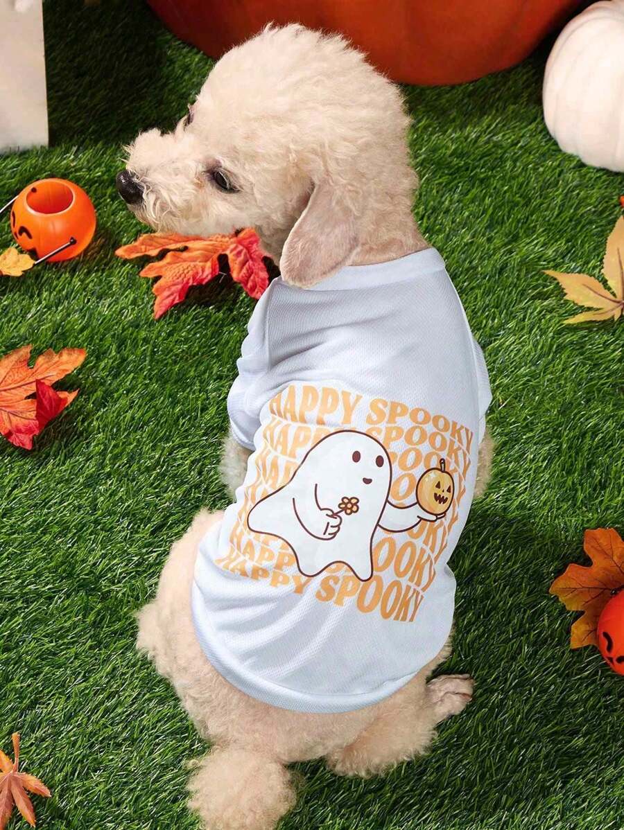 Dudeline Artist Cute Kawaii Pumpkin & Ghost Print White Pet T-Shirt For Halloween, Holiday