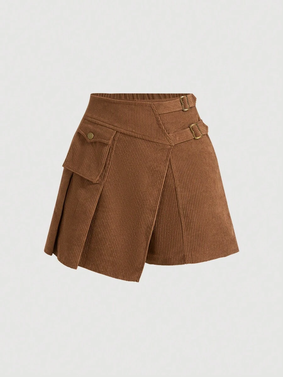 SHEIN MOD Vrouwen zeggen voorzak stiksels geplooide retro bruine shorts herfst shorts retro shorts uitje shorts, bruine shorts, hippie dameskleding