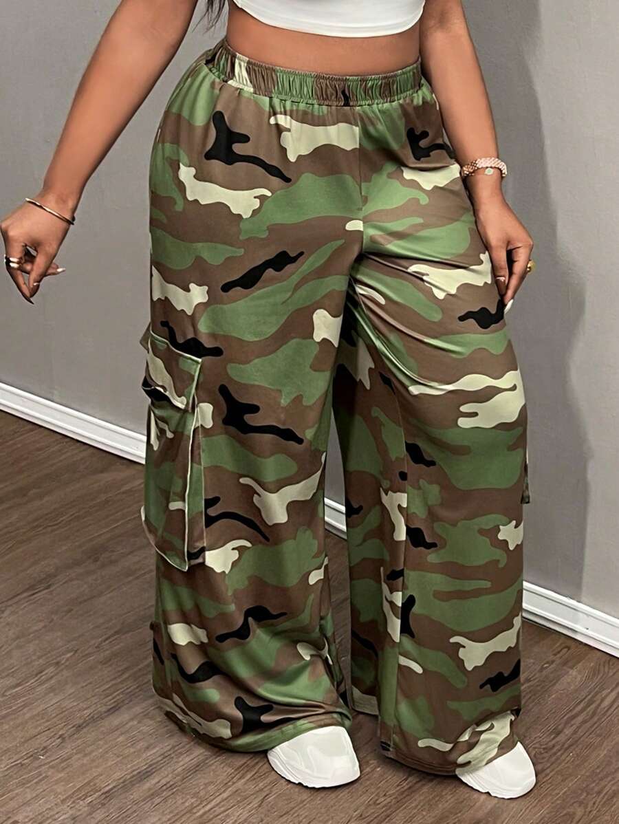 Slaydiva Plus Size Summer Casual Sports Simple Street Cargo Three-Dimensional Pocket Camouflage Wide-Leg Pants Women's Pants