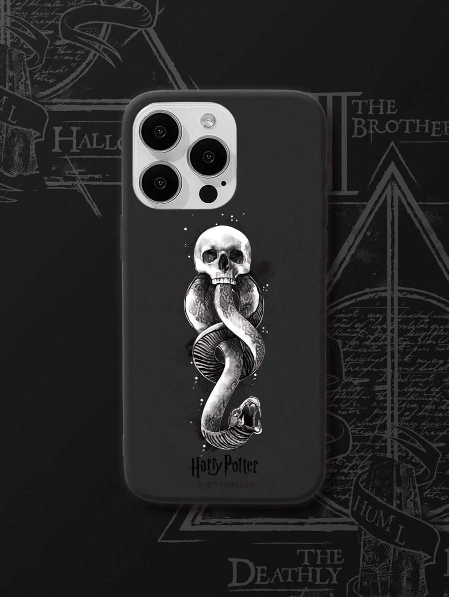 HARRY POTTER X SHEIN Halloween Skull Print Black Halloween Mobile Phone Case Case Compatible With Iphone 15, IPhone 12 Pro Max, IPhone 14 Pro Max, IPhone XR Phone Case, Gifts