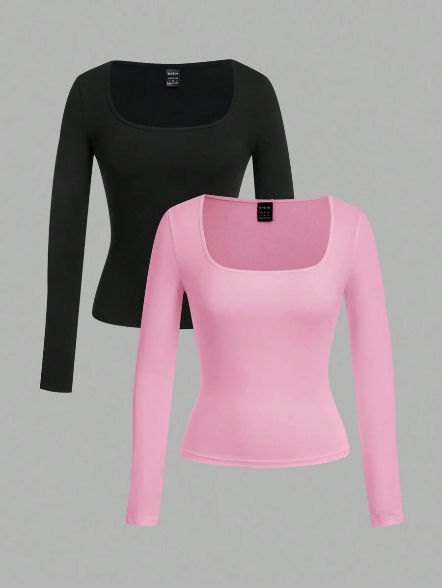SHEIN EZwear 2pcs Women's Square Neck Skinny Long Sleeve Casual T-Shirt Set, Suitable For Autumn And Winter
