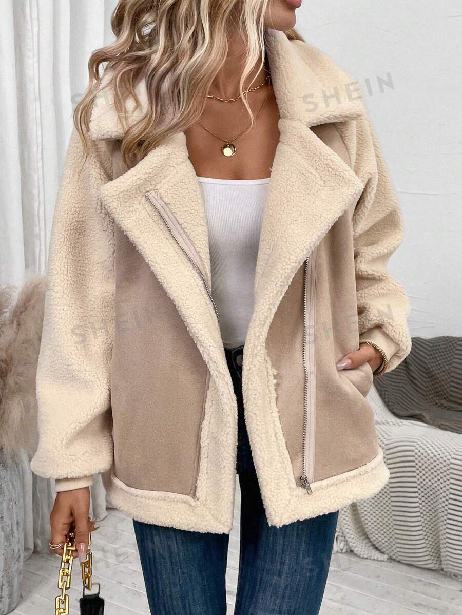 SHEIN LUNE Chaqueta informal de moto de manga larga con cuello de solapa y bloque de color para mujer de talla grande para otoño e invierno, ropa de invierno