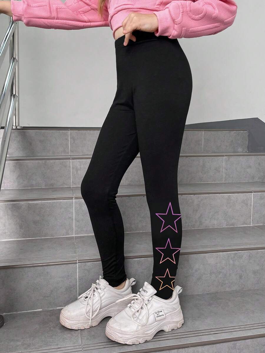 SHEIN سراويل ليغينغز مرنة للفتيات المراهقات بتصميم نجمي متدرج ملون وبسيط كرتوني، مناسبة لإطلالات الخريف للفتيات