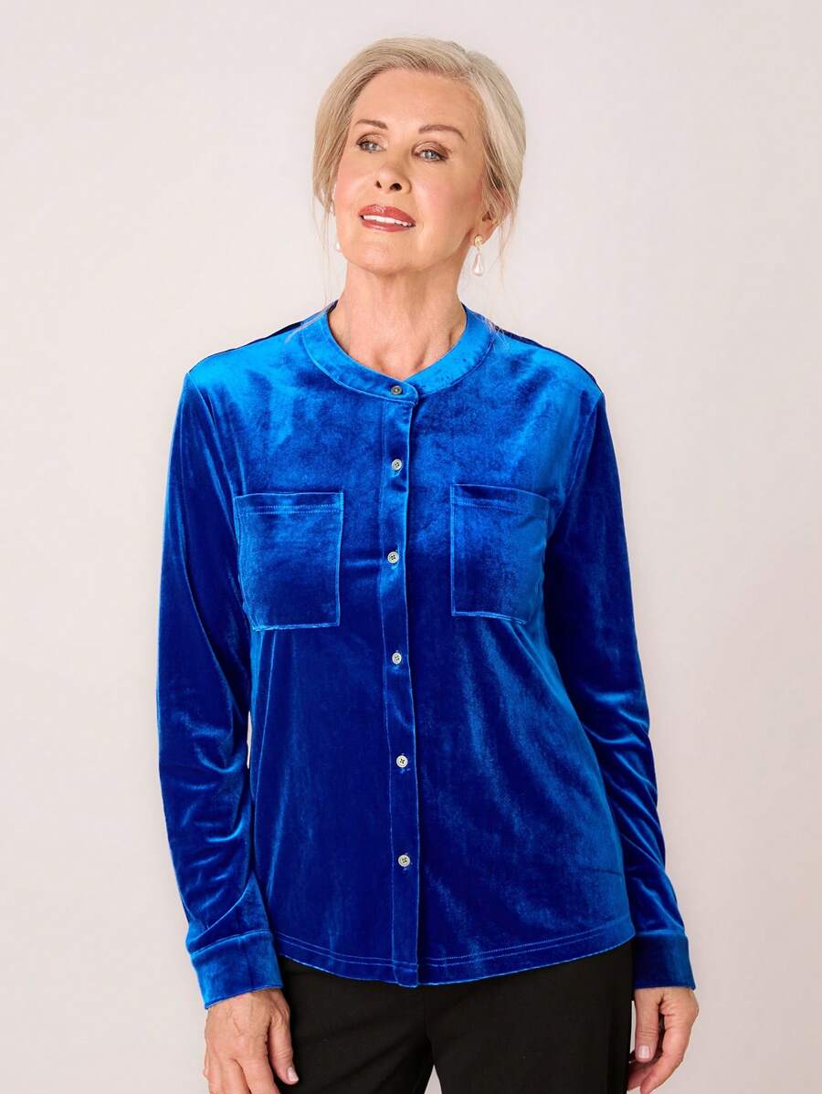 Miaspire Women's Round Neck Button Front Long Sleeve Stylish Elegant Blouse