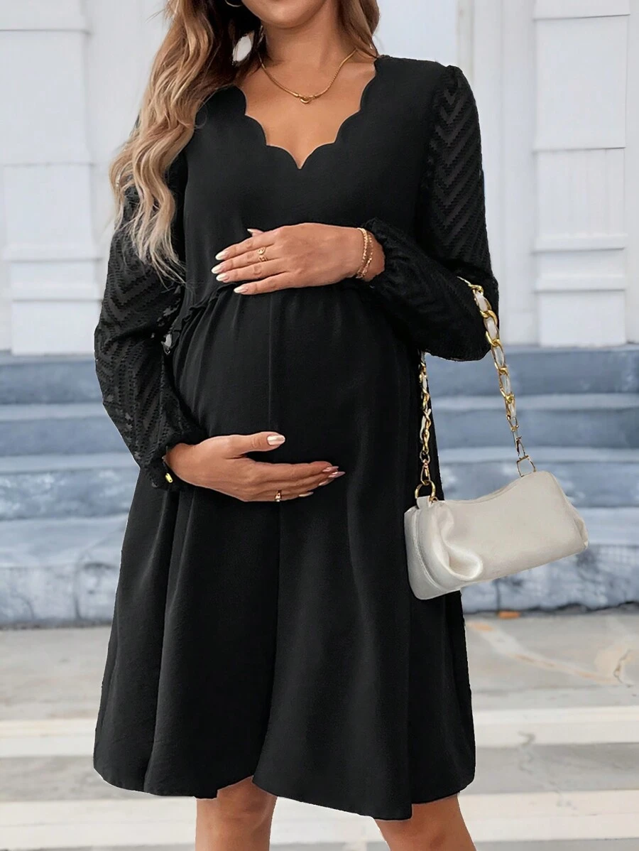 SHEIN Pregnant Women V-Neck Shell Trim Long Sleeve Dress, For Maternity