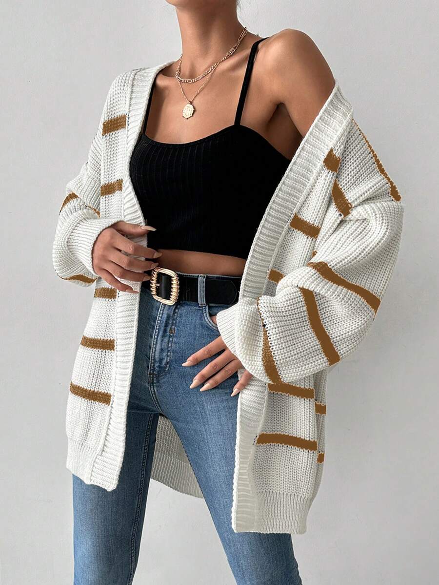 SHEIN Women's Casual Loose Contrast Stripe Open Cardigan, Autumn