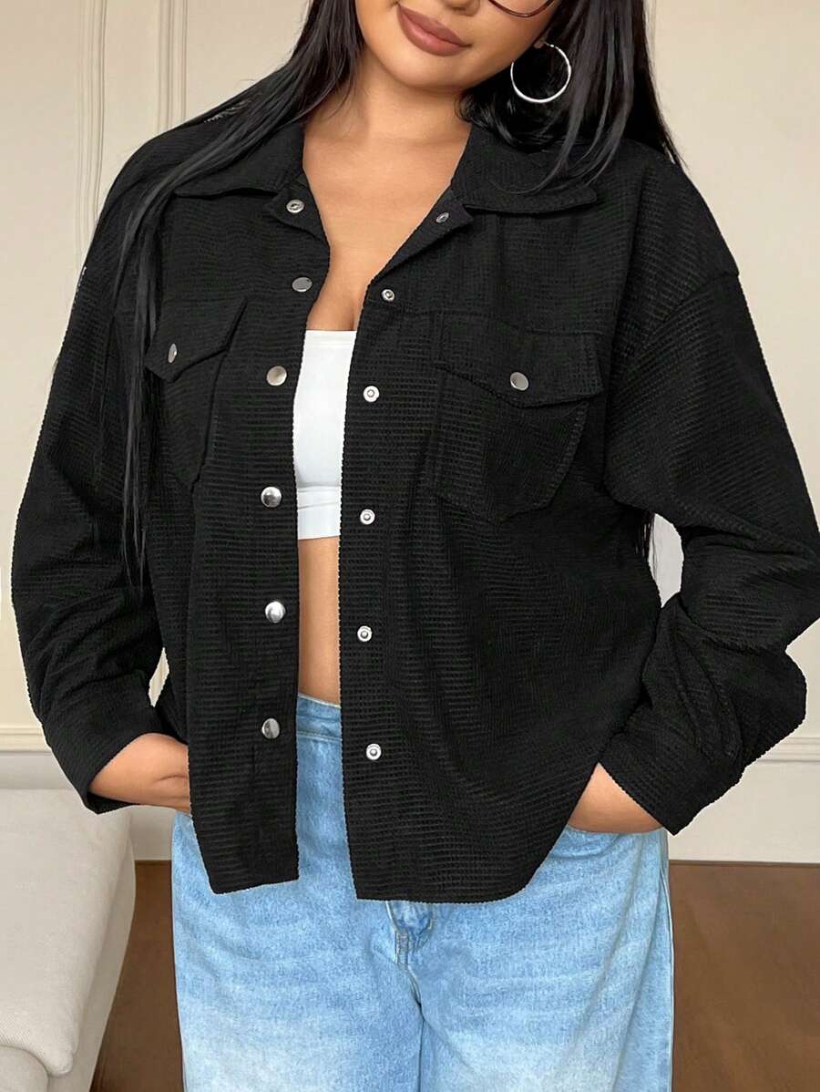 SHEIN EZwear Chaqueta de trabajo de talla grande para mujer de unicolor con bolsillos, corte holgado, manga larga, primavera y otoño