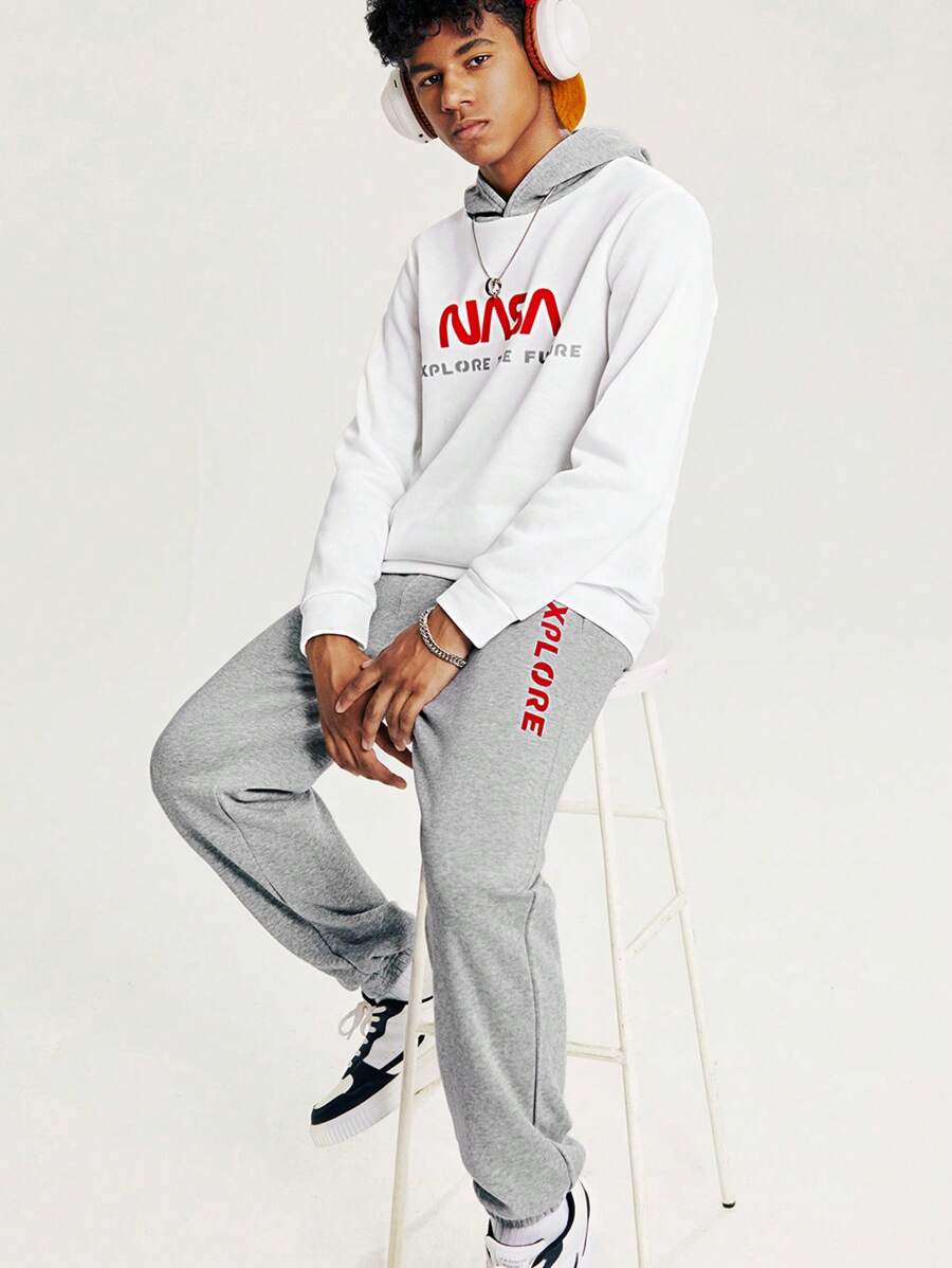 SHEIN 2 pièces/Set Survêtement adolescents garçons décontracté ample avec motif imprimé et blocs de couleurs, capuche et pantalon long. Doublure thermique, épaissi.