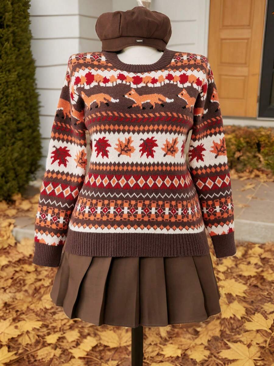 Flirla Suéter de punto con cuello redondo con estampado de zorro y hojas, talla grande, para otoño e invierno
