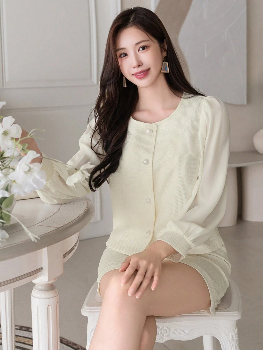 DAZY 2 piezas Conjunto informal de mujer para primavera y otoño de unicolor, con parte superior de manga larga y cuello redondo con un solo abotonamiento y falda midi