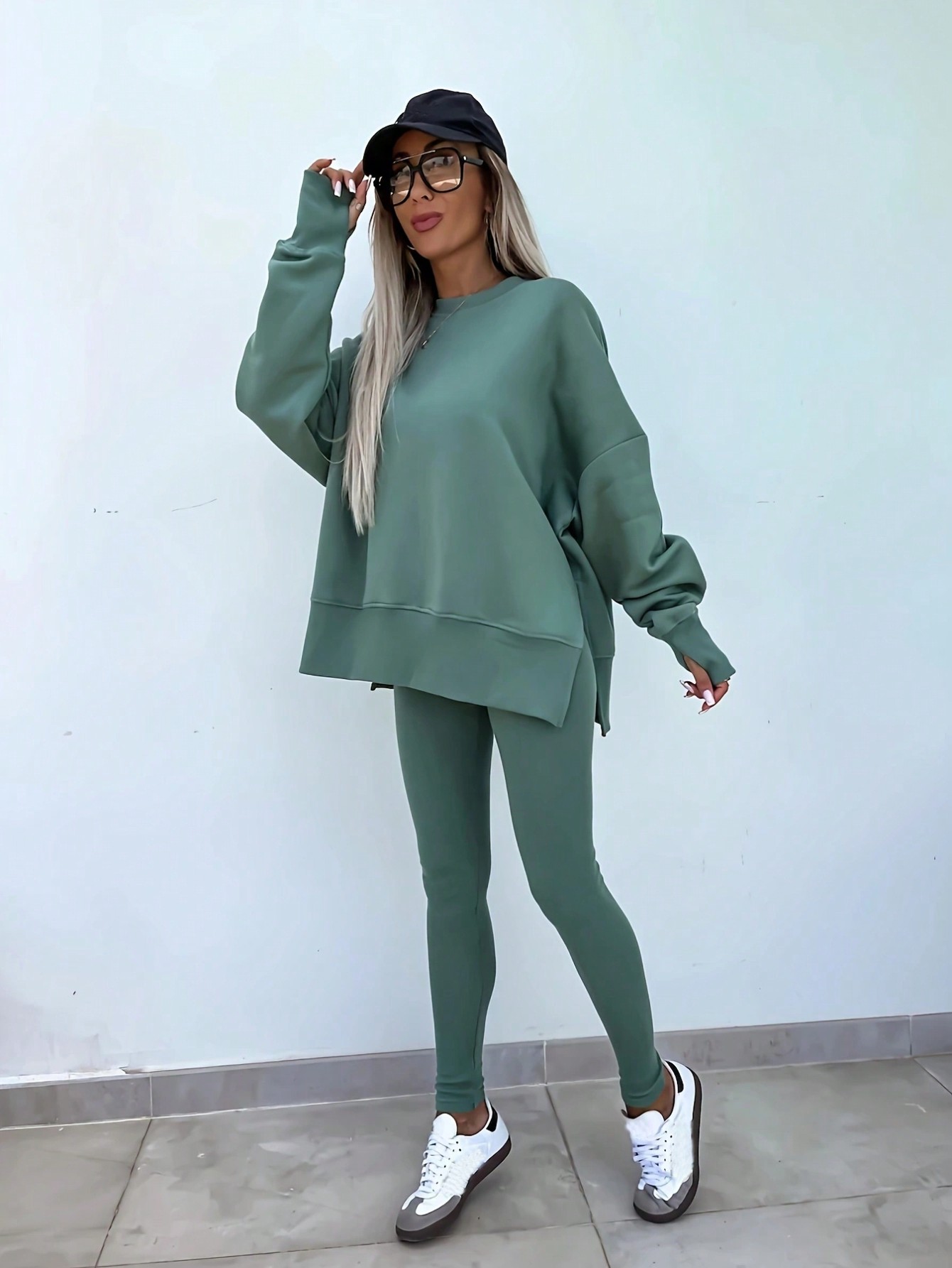 INAWLY 2pcs Women's Solid Round Neck Drop Shoulder Long Sleeve Sweatshirt And Pants Casual Suit, Autumn/Winter Fall Cloth For Women