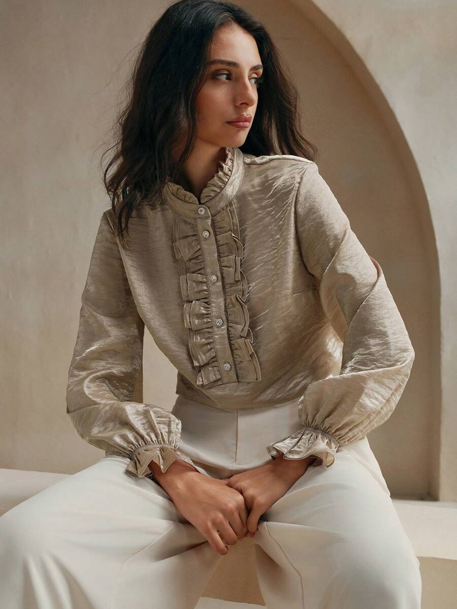 Anewsta Blusa larga de manga larga con elegante adorno de volantes de varios niveles en color malva para mujer