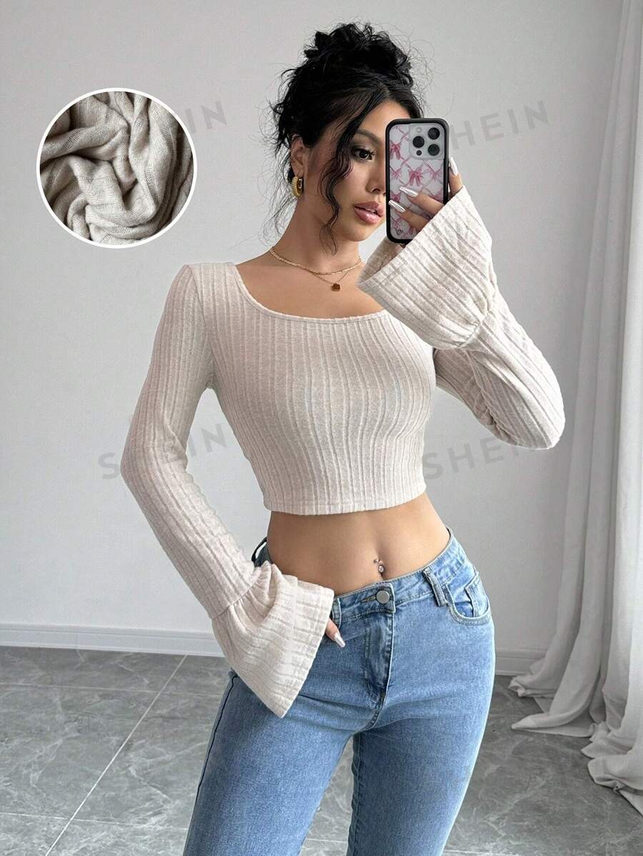 Calvaya Camiseta de mangas acampanadas con bajo vivo y unicolor para mujer, primavera y verano