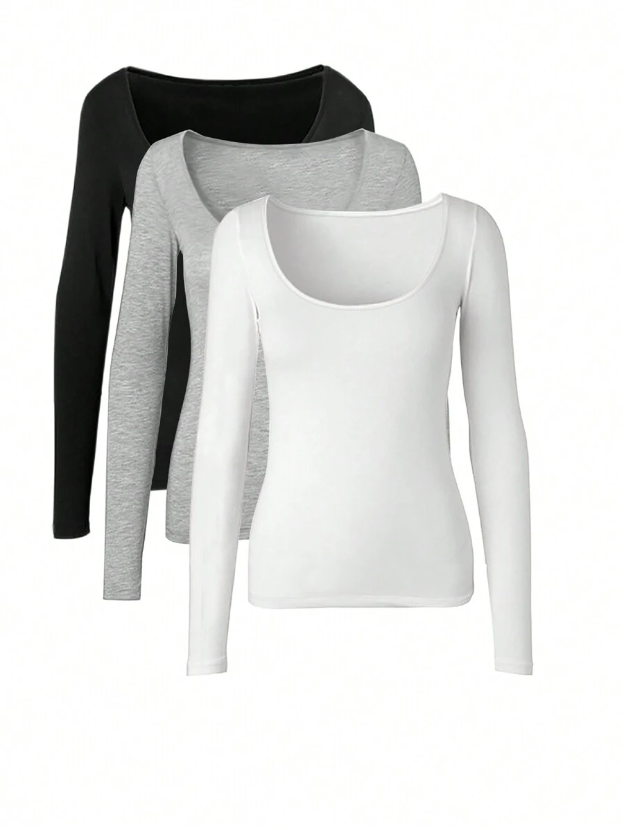 INAWLY Women's Solid Color Crew Neck Long Sleeve Casual T-Shirt For Spring And Summer