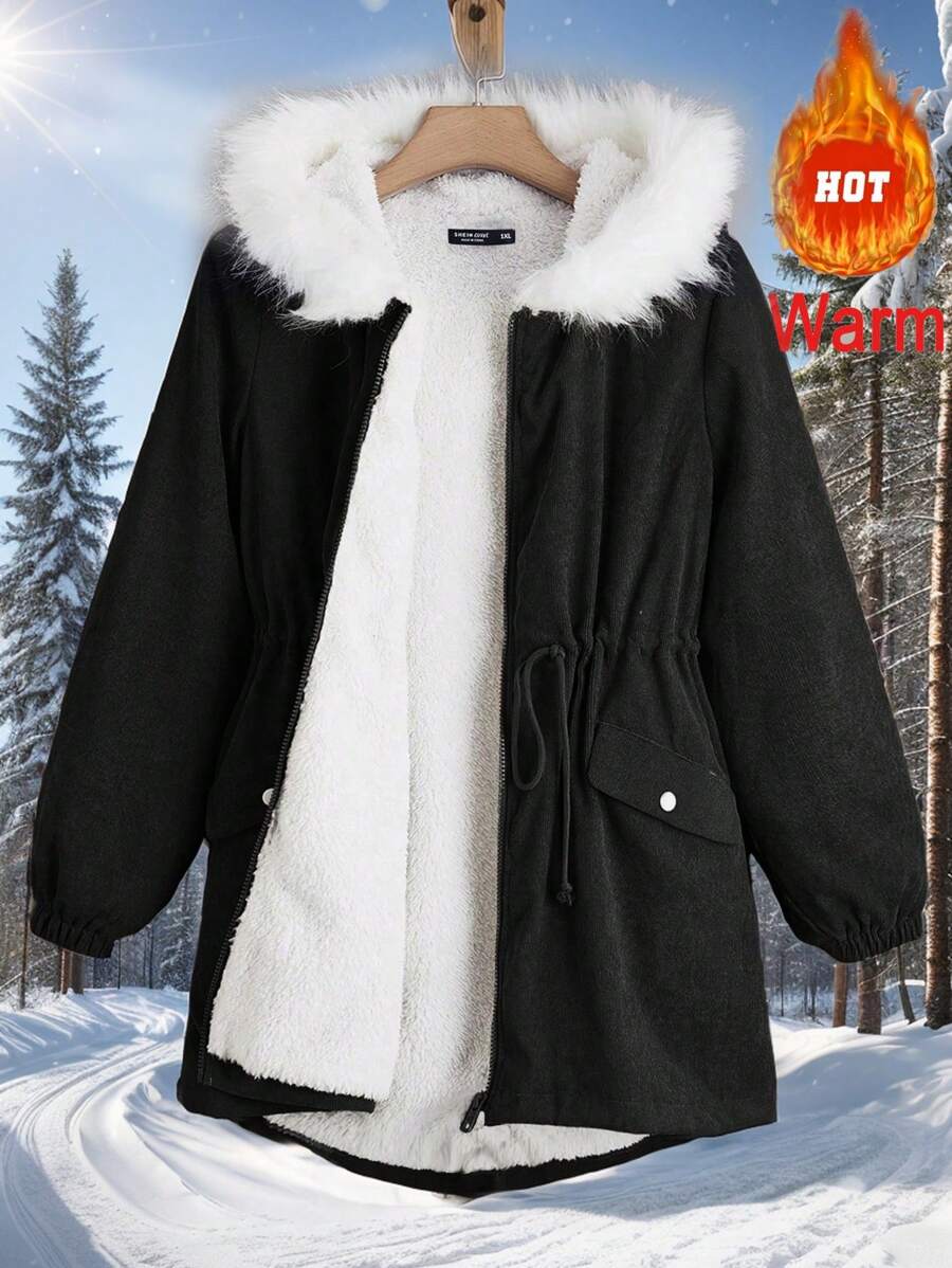 SHEIN EZwear Plus Size Women Black Thicken Fleece Cinched Waist Slim Fit Mid-Length Coat For Winter Thermal