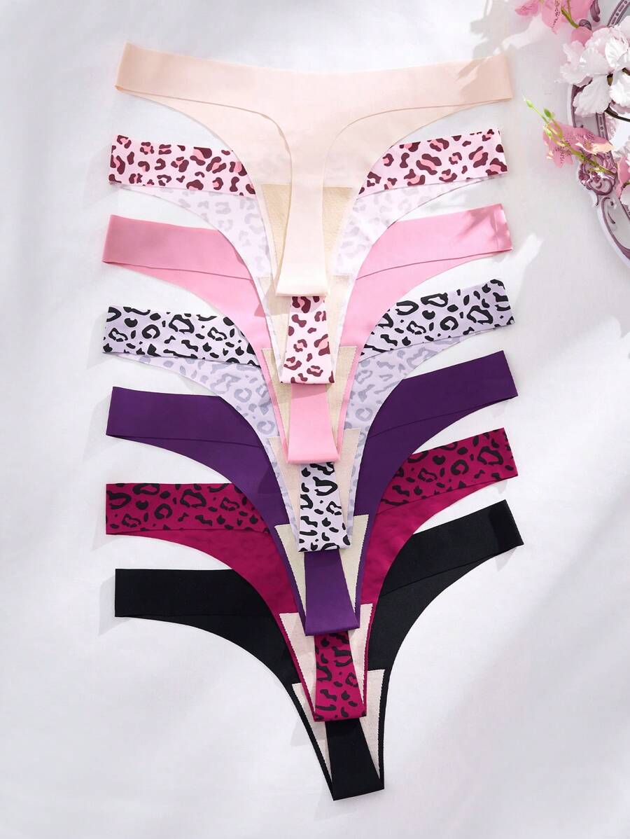 Eraneu 7 piezas Conjunto de tangas cómodos y sin costuras con estampado de leopardo de tiro bajo para mujeres