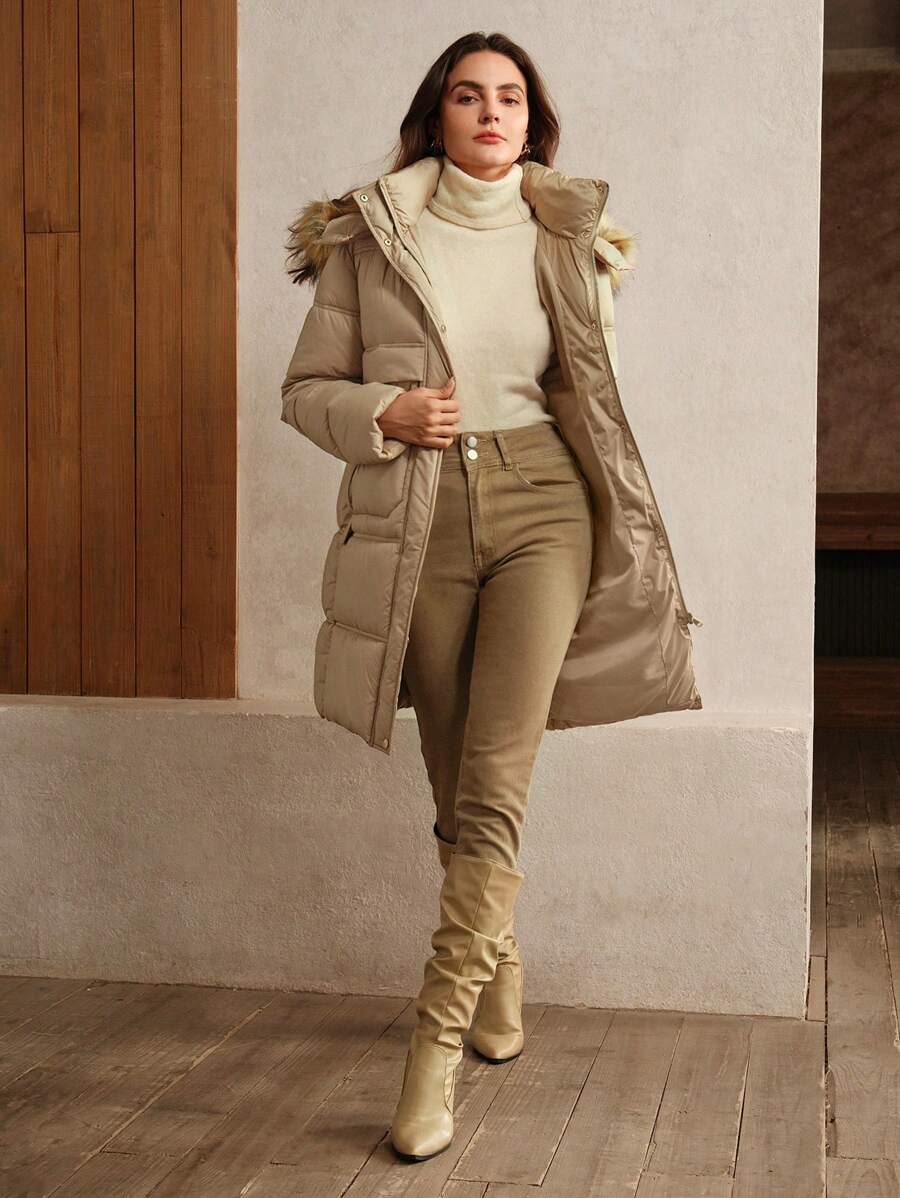 Anewsta Women's Long Khaki Coat With Detachable Fur Collar