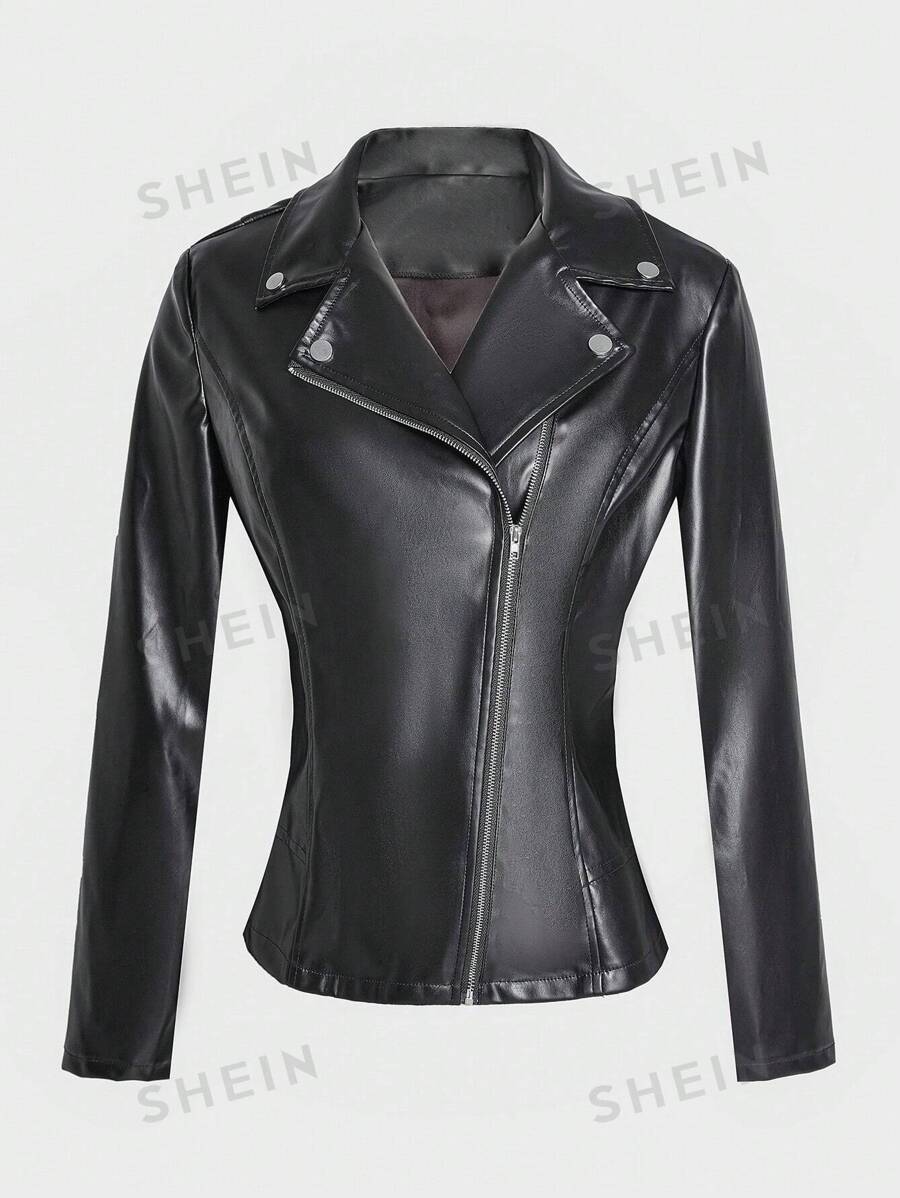 SHEIN LUNE Chaqueta de mujer de PU con cremallera y mangas largas de unicolor, perfecta para otoño e invierno