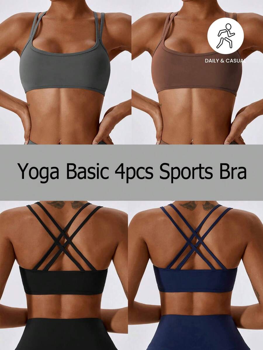 SHEIN Sport Studio Women's Seamless Solid Color Simple Summer Sports Bra (4pcs Set)