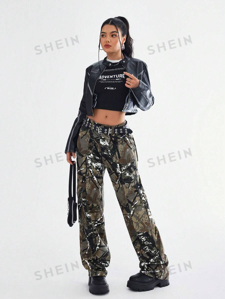 SHEIN EZwear Pantalones vaqueros casuales anchos de pierna ancha con bolsillos utilitarios de estampado total para mujeres