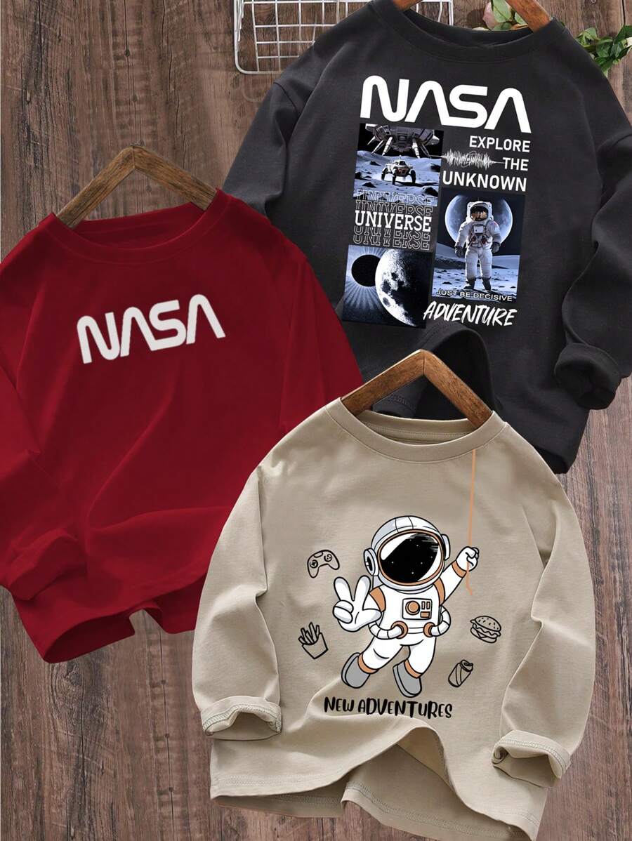 SHEIN 3 stuks/set kinderen/tween jongens casual bedrukt ronde hals lange mouwen gebreide T-shirts, geschikt voor dagelijks gebruik, vakantie, sport, lente/zomer/herfst/winter seizoenen