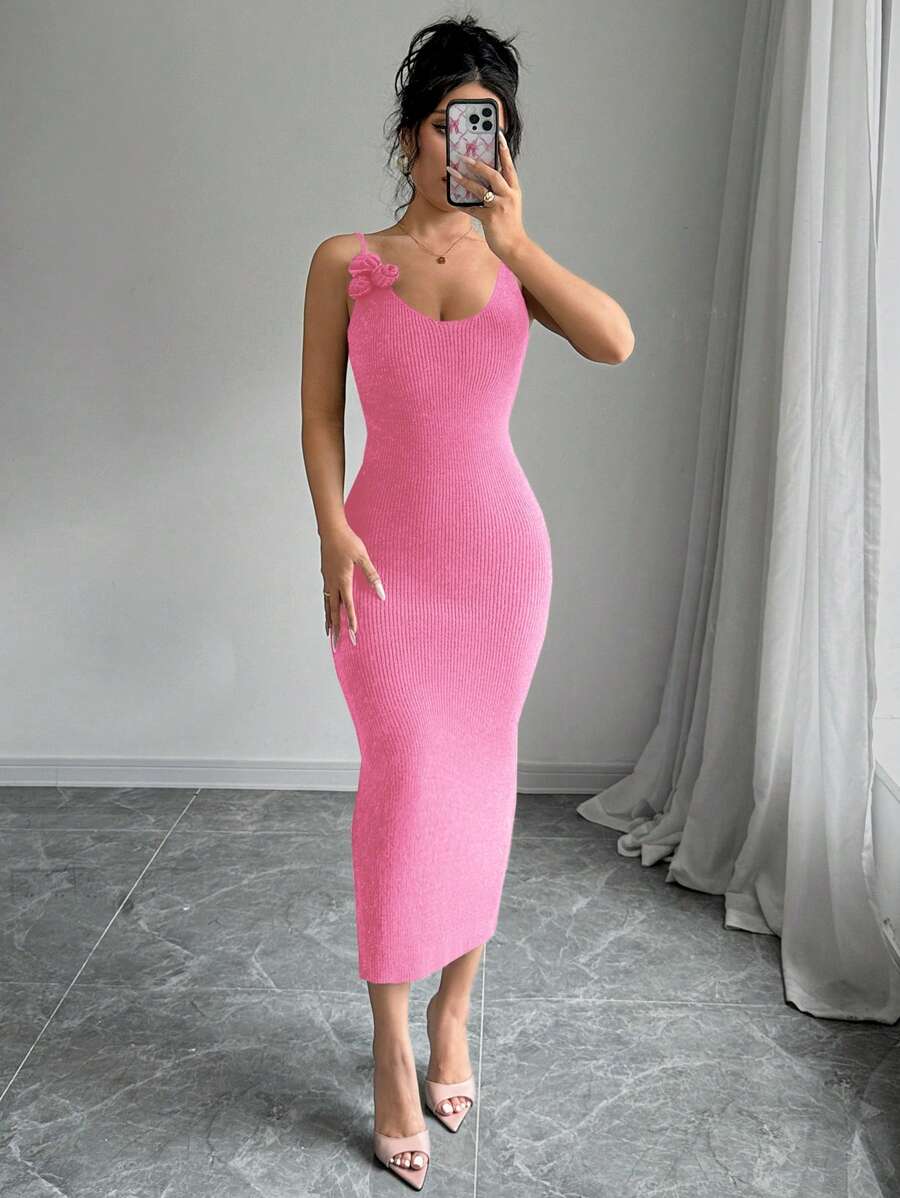 Elenzga Vestido de suéter de tirantes ajustado con decoración floral elegante para mujer, otoño/invierno
