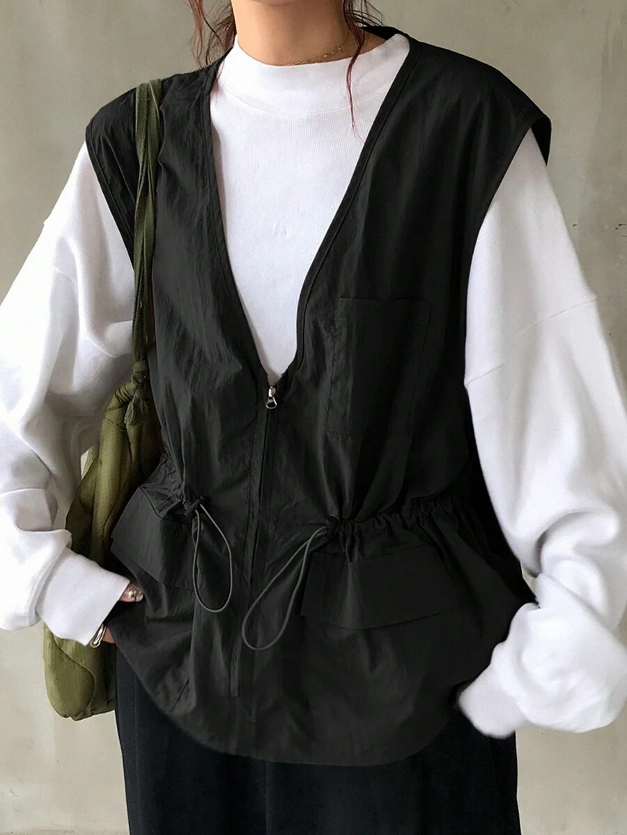 FRIFUL Women's Casual Zip-Up Waist Fitted Vest Jacket For Spring/Fall